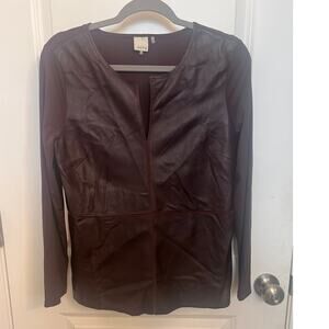 ECRU Patchwork Leather front Top Chocolate Brown M Stretchy Quiet Luxury Paneled